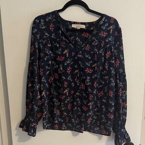 LOFT Dark Blue Floral Blouse with Red and Green Details